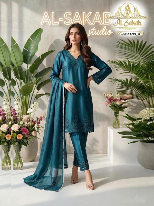 Teal Blue AL-SAKAB Premium Heavy Satin Embroidered Suit Design 1701 – Organza Dupatta