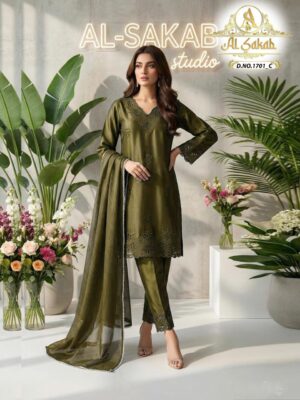 Olive Green AL-SAKAB Premium Heavy Satin Embroidered Suit Design 1701 – Organza Dupatta