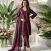 Maroon AL-SAKAB Premium Heavy Satin Embroidered Suit Design 1701 – Organza Dupatta