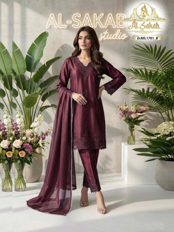 Maroon AL-SAKAB Premium Heavy Satin Embroidered Suit Design 1701 – Organza Dupatta