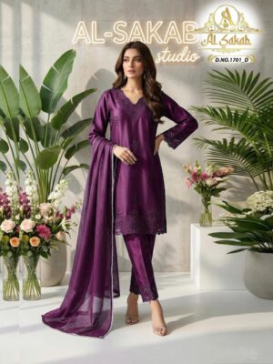 Deep Purple AL-SAKAB Premium Heavy Satin Embroidered Suit Design 1701 – Organza Dupatta