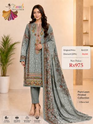 Grey Pure Jam Cotton Dress Material with Karachi Print Neck Lace Border & Fancy Printed Dupatta