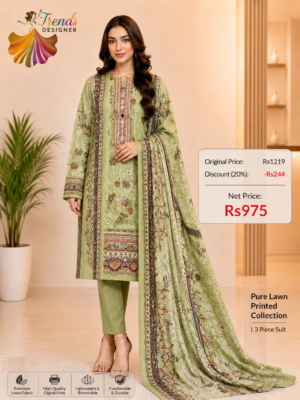 Green Pure Jam Cotton Dress Material with Karachi Print Neck Lace Border & Fancy Printed Dupatta