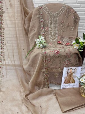 Beige Colour Heavy Dinting Chiffon with Hand Khatli Embroidery | Ready to Ship