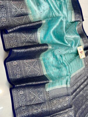 Aqua Blue Pure Raw Mango Silk Saree with Rich Weaving & Contrast Blouse | Silkmark Certified