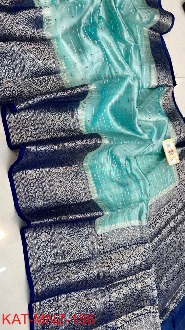 Aqua Blue Pure Raw Mango Silk Saree with Rich Weaving & Contrast Blouse | Silkmark Certified