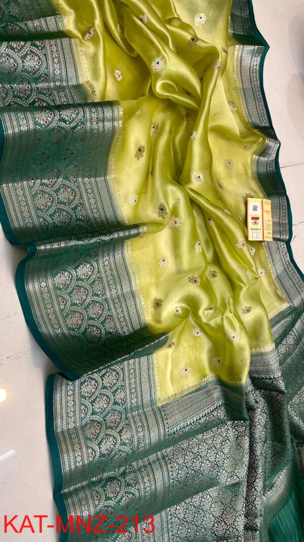 Mint Green Pure Raw Mango Silk Saree with Rich Weaving & Contrast Blouse | Silkmark Certified