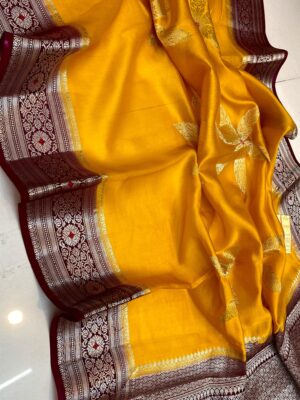 Golden Yellow Pure Raw Mango Silk Saree with Rich Weaving & Contrast Blouse | Silkmark Certified