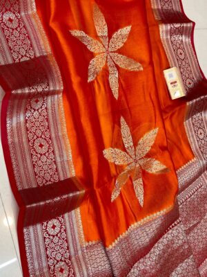 Orange Pure Raw Mango Silk Saree with Rich Weaving & Contrast Blouse | Silkmark Certified