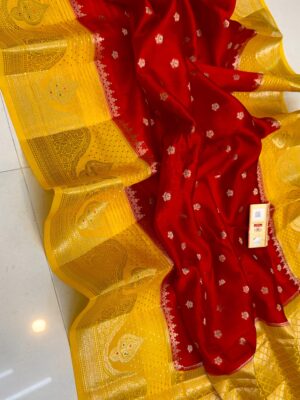 Red with Yellow Pure Raw Mango Silk Saree with Rich Weaving & Contrast Blouse | Silkmark Certified