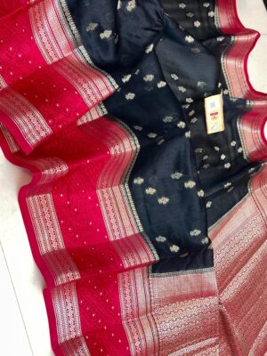 Black with Pink Pure Raw Mango Silk Saree with Rich Weaving & Contrast Blouse | Silkmark Certified