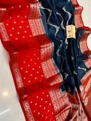 Navy Blue with Red Pure Raw Mango Silk Saree with Rich Weaving & Contrast Blouse | Silkmark Certified