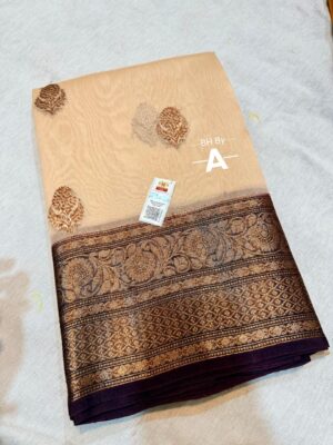 Beige and Brown Exclusive Kora Banarasi Silk Saree with Kalakari Maheen Work | Silkmark Certified
