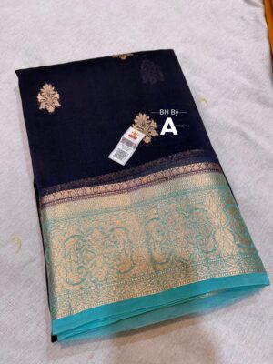 Navy Blue Exclusive Kora Banarasi Silk Saree with Kalakari Maheen Work | Silkmark Certified