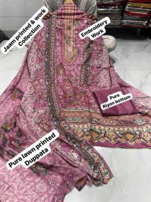 Onion Pink Pure Jam Cotton Dress Material with Karachi Print Neck Lace Border & Fancy Printed Dupatta