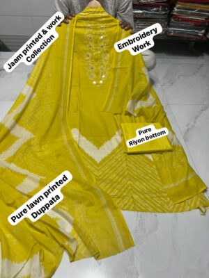 Yellow Pure Jam Cotton Dress Material with Karachi Print Neck Lace Border & Fancy Printed Dupatta