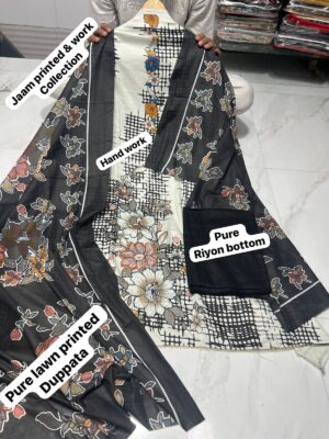 Black and off- white Pure Jam Cotton Dress Material with Karachi Print Neck Lace Border & Fancy Printed Dupatta