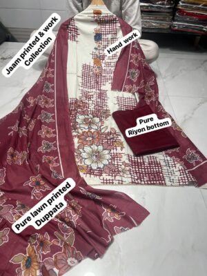 Wine Pure Jam Cotton Dress Material with Karachi Print Neck Lace Border & Fancy Printed Dupatta
