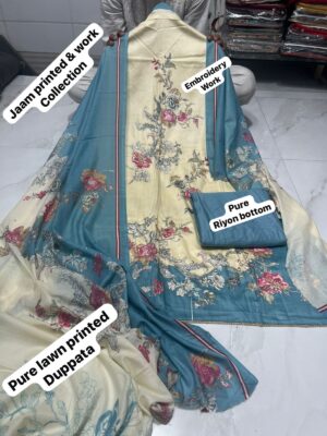 Cream Pure Jam Cotton Dress Material with Karachi Print Neck Lace Border & Fancy Printed Dupatta
