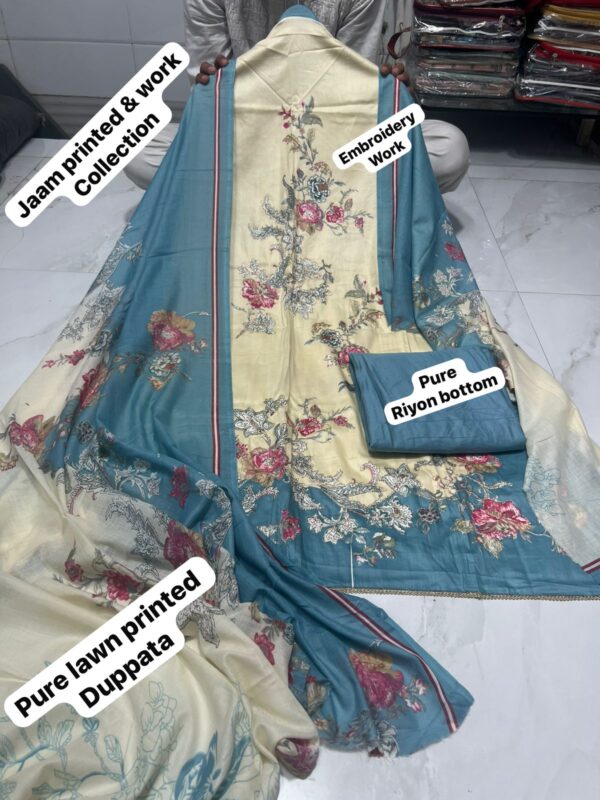Cream Pure Jam Cotton Dress Material with Karachi Print Neck Lace Border & Fancy Printed Dupatta