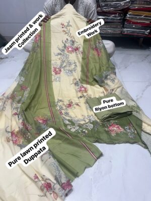 Cream and Green Pure Jam Cotton Dress Material with Karachi Print Neck Lace Border & Fancy Printed Dupatta