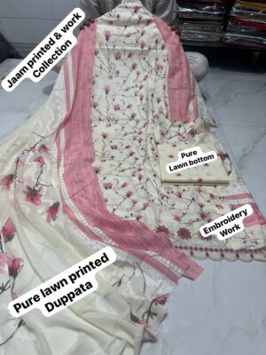 Cream and Pink Pure Jam Cotton Dress Material with Karachi Print Neck Lace Border & Fancy Printed Dupatta