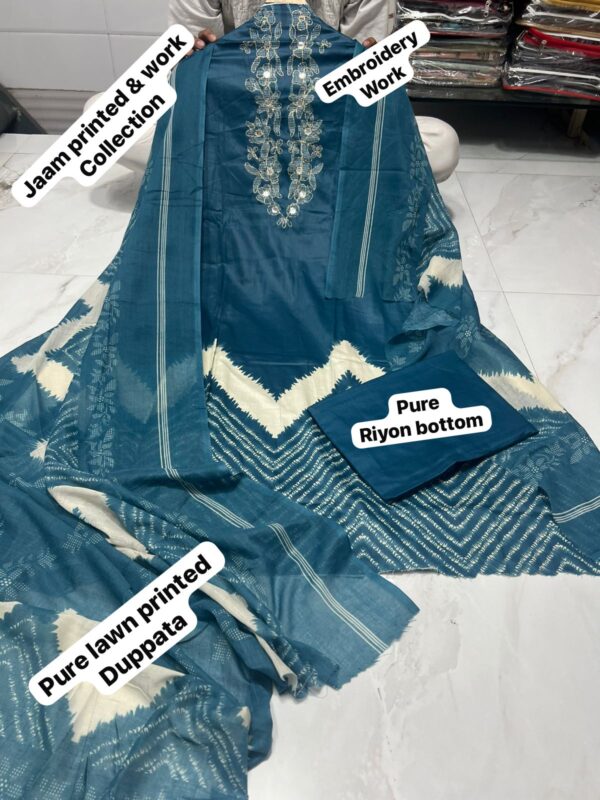 Teal Blue Pure Jam Cotton Dress Material with Karachi Print Neck Lace Border & Fancy Printed Dupatta