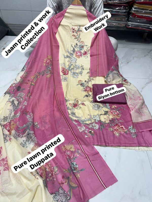 Pale Yellow Pure Jam Cotton Dress Material with Karachi Print Neck Lace Border & Fancy Printed Dupatta