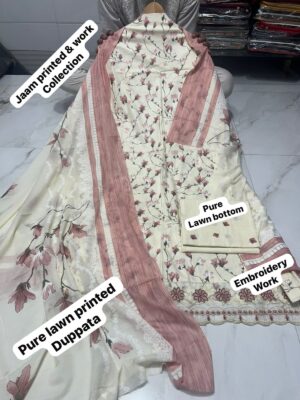 Off- White Pure Jam Cotton Dress Material with Karachi Print Neck Lace Border & Fancy Printed Dupatta