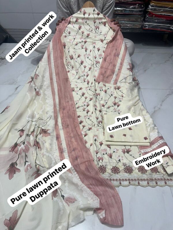 Off- White Pure Jam Cotton Dress Material with Karachi Print Neck Lace Border & Fancy Printed Dupatta