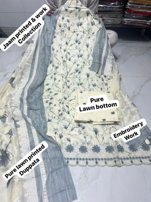 Off- White with Grey Pure Jam Cotton Dress Material with Karachi Print Neck Lace Border & Fancy Printed Dupatta