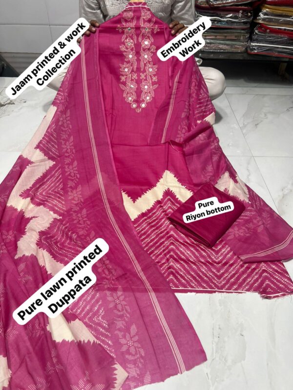 Rani Pink Pure Jam Cotton Dress Material with Karachi Print Neck Lace Border & Fancy Printed Dupatta