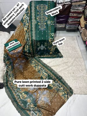 Green Elegant Embroidered Lawn Suit with Cotton Dupatta