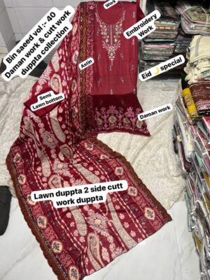 Ruby Red Elegant Embroidered Lawn Suit with Cotton Dupatta