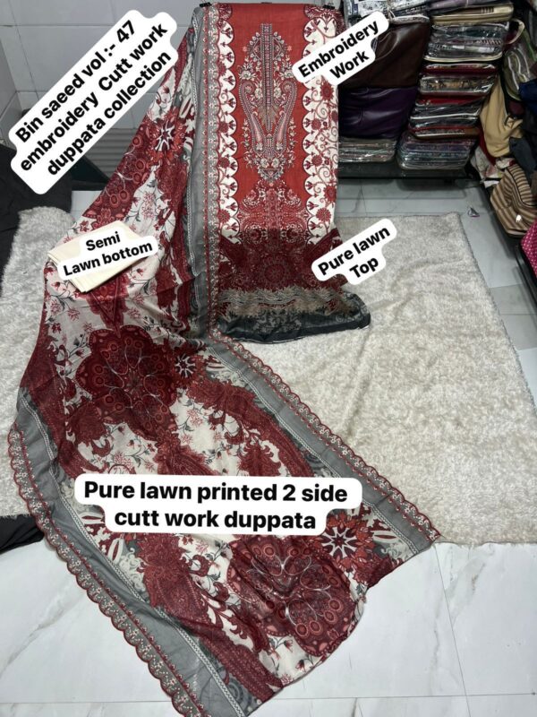 Red Elegant Embroidered Lawn Suit with Cotton Dupatta