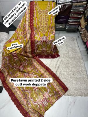 Yellow  Elegant Embroidered Lawn Suit with Cotton Dupatta