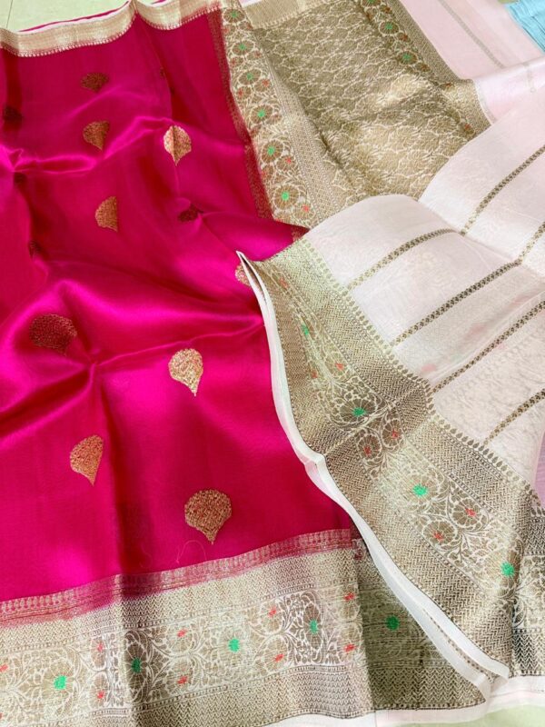 Rani Pink Exclusive Kora Banarasi Silk Saree with Kalakari Maheen Work & Rich Designer Pallu