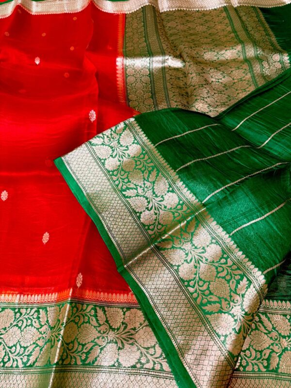 Red with Green Exclusive Kora Banarasi Silk Saree with Kalakari Maheen Work & Rich Designer Pallu