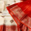 Cream with Red Exclusive Kora Banarasi Silk Saree with Kalakari Maheen Work & Rich Designer Pallu