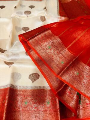 Cream with Red Exclusive Kora Banarasi Silk Saree with Kalakari Maheen Work & Rich Designer Pallu