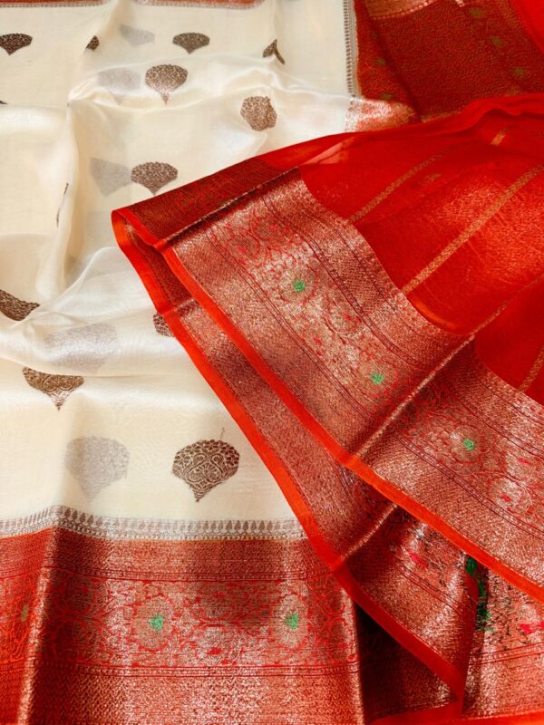 Cream with Red Exclusive Kora Banarasi Silk Saree with Kalakari Maheen Work & Rich Designer Pallu