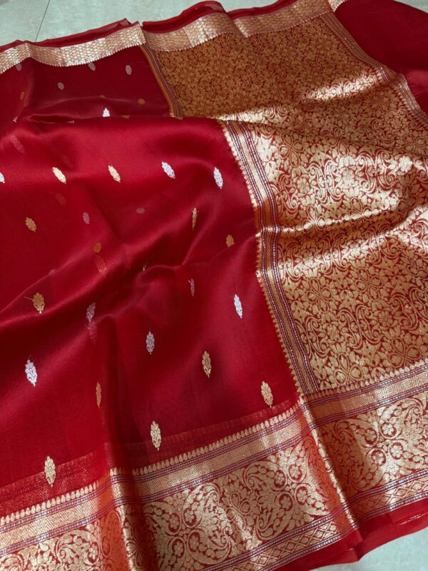 Red with Zari Gold Exclusive Kora Banarasi Silk Saree with Kalakari Maheen Work & Rich Designer Pallu