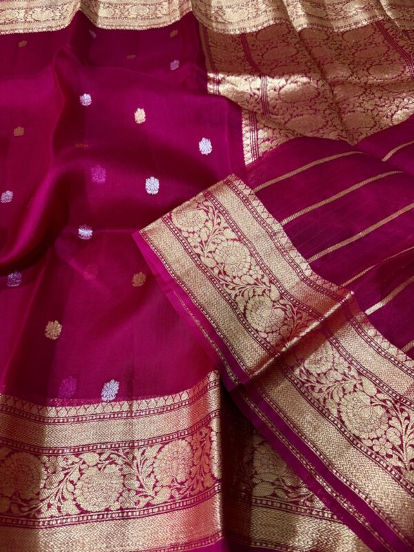 Magenta Exclusive Kora Banarasi Silk Saree with Kalakari Maheen Work & Rich Designer Pallu
