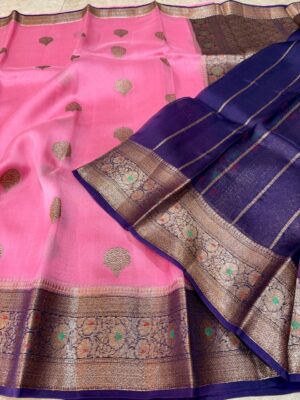 Pink Exclusive Kora Banarasi Silk Saree with Kalakari Maheen Work & Rich Designer Pallu