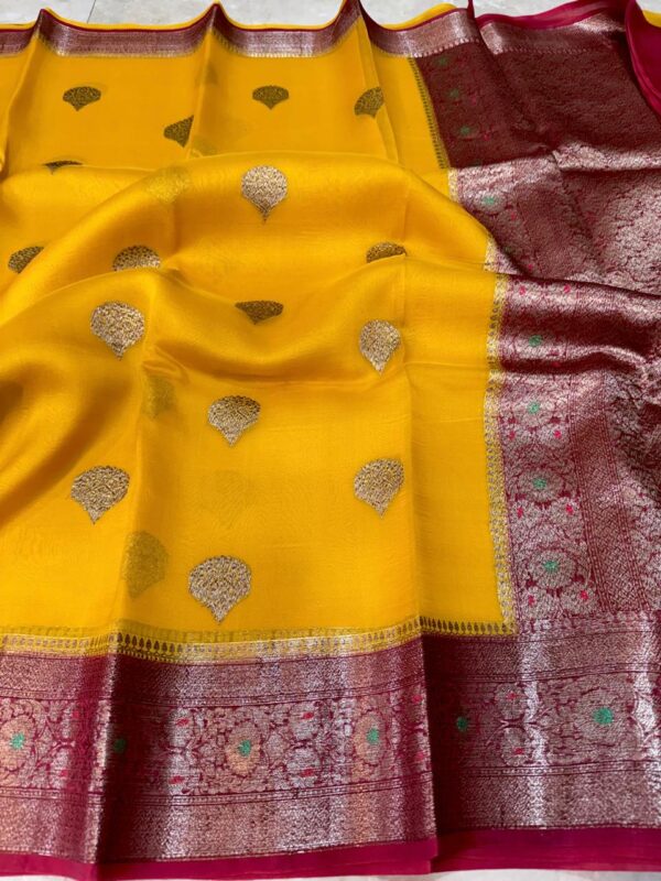 Yellow Exclusive Kora Banarasi Silk Saree with Kalakari Maheen Work & Rich Designer Pallu