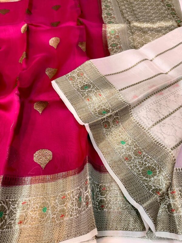 Hot Pink Exclusive Kora Banarasi Silk Saree with Kalakari Maheen Work & Rich Designer Pallu