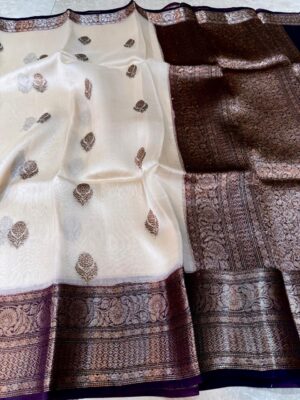 Cream with Wine Exclusive Kora Banarasi Silk Saree with Kalakari Maheen Work & Rich Designer Pallu