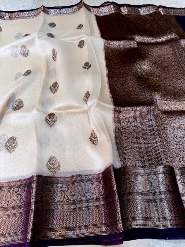 Cream with Wine Exclusive Kora Banarasi Silk Saree with Kalakari Maheen Work & Rich Designer Pallu