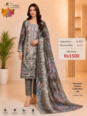 Grey and Off-White  Embroidered Lawn Suit with Cotton Dupatta & Trouser
