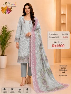 Grey and Pink Embroidered Lawn Suit with Cotton Dupatta & Trouser